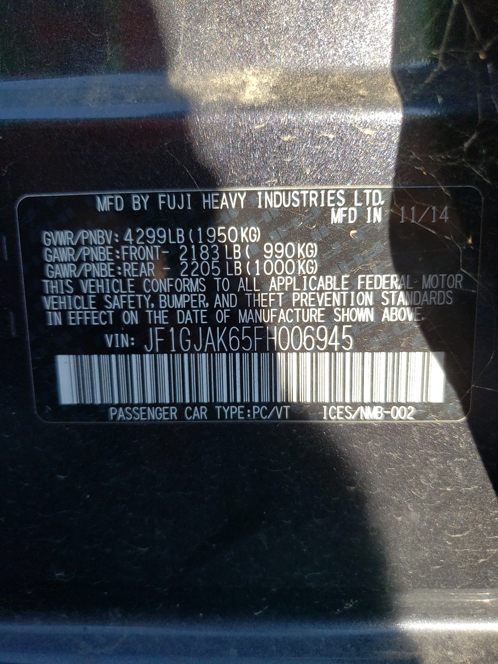 JF1GJAK65FH006945 2015 Subaru Impreza Premium Plus