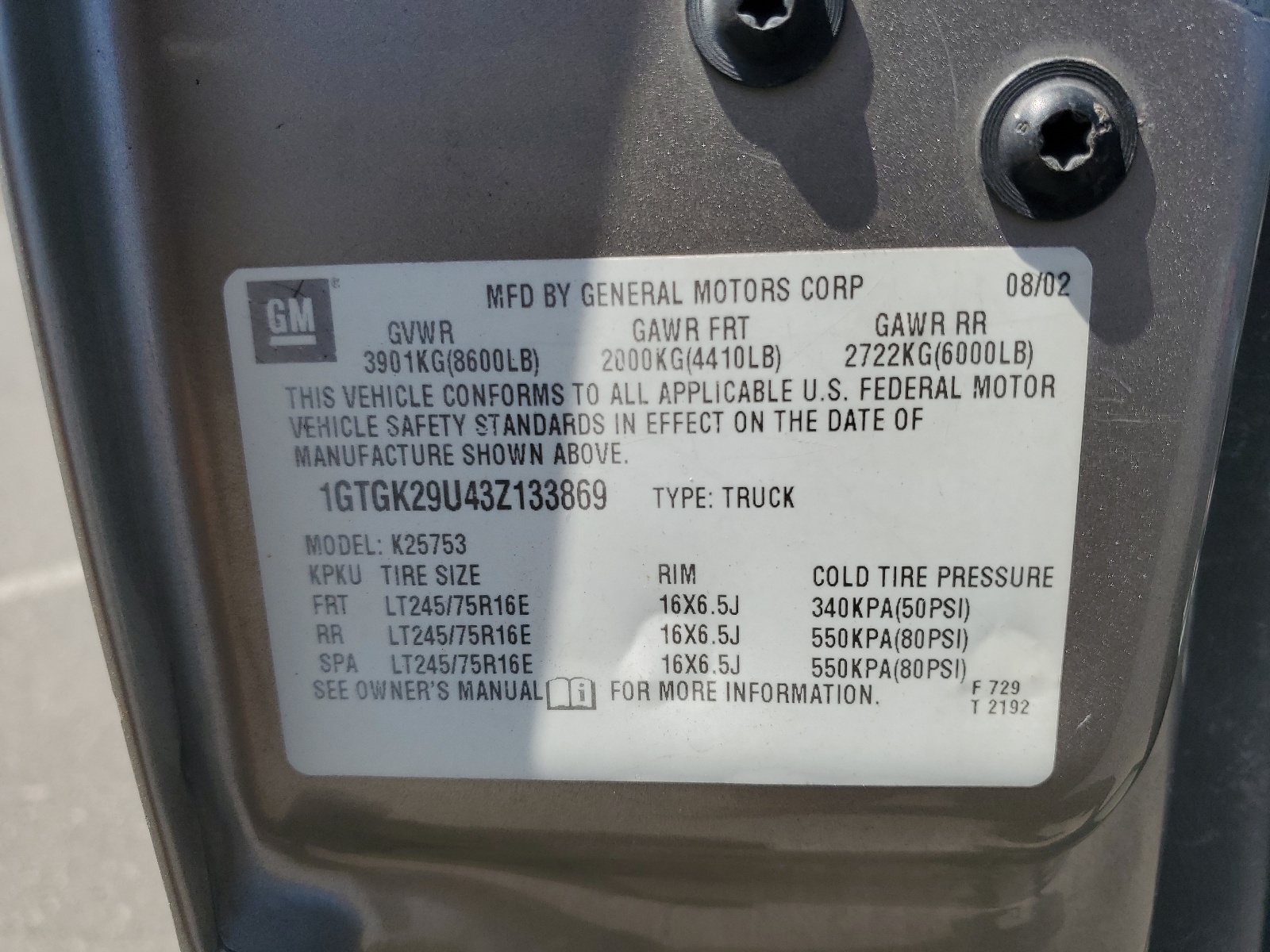 1GTGK29U43Z133869 2003 GMC New Sierra K2500