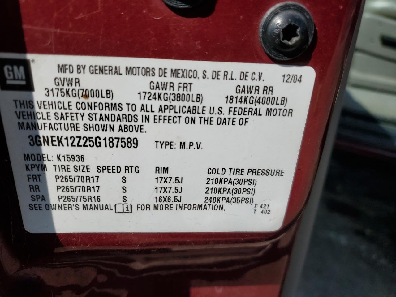 3GNEK12Z25G187589 2005 Chevrolet Avalanche K1500