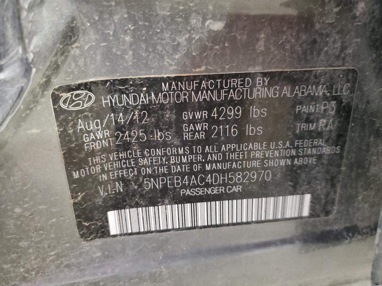 2013 Hyundai Sonata Gls VIN: 5NPEB4AC4DH582970 Lot: 66025024