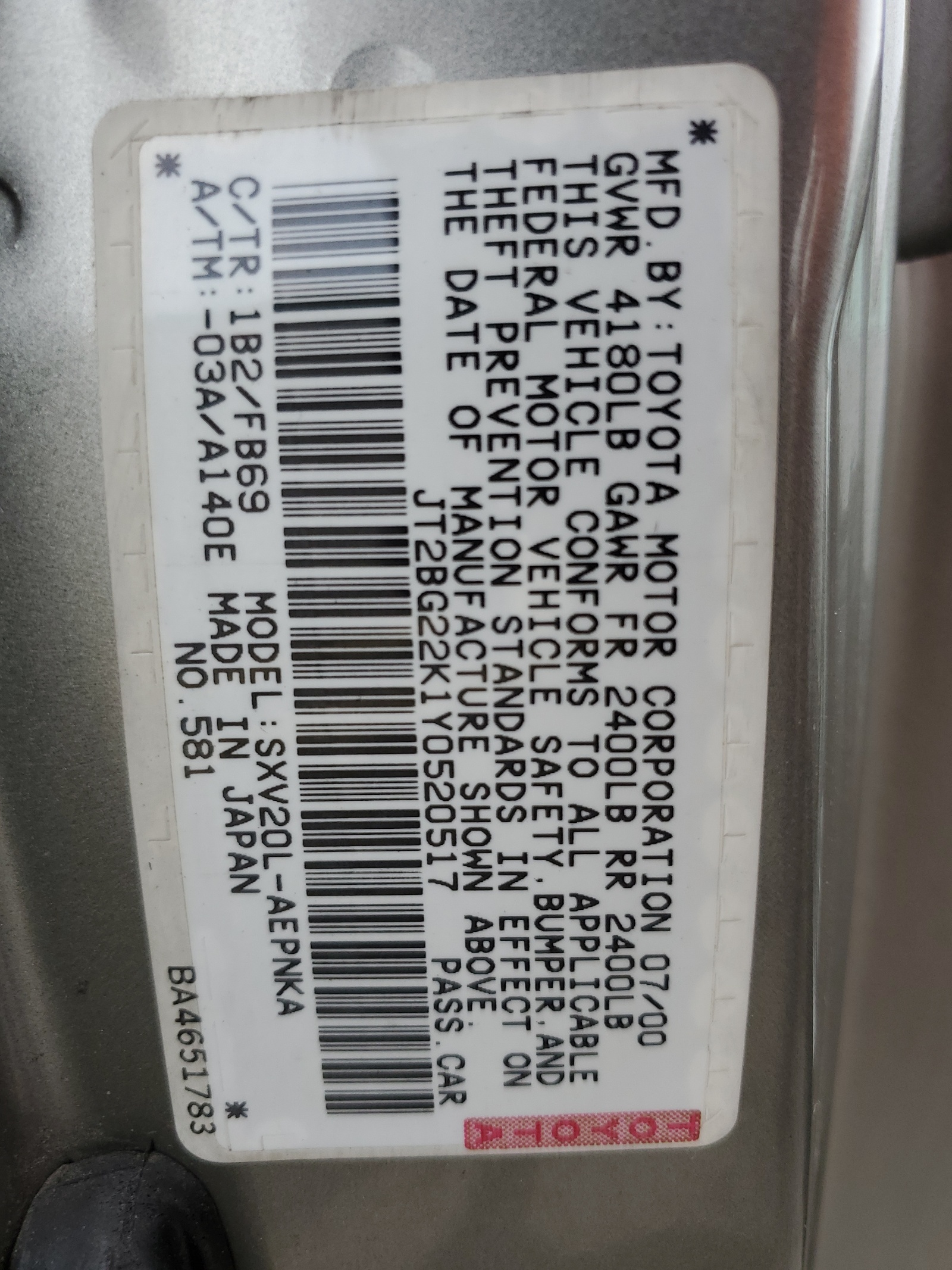 JT2BG22K1Y0520517 2000 Toyota Camry Ce