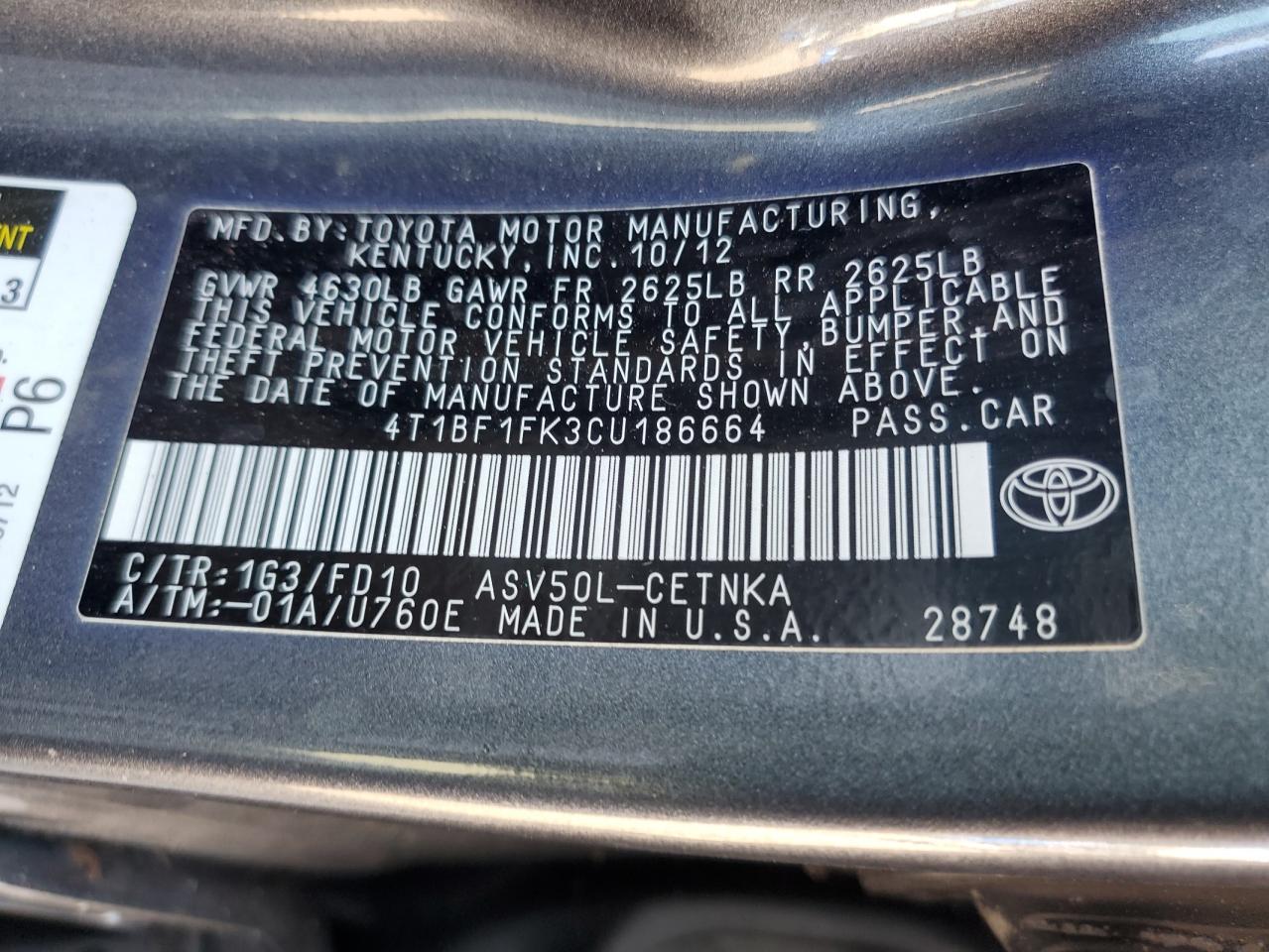 4T1BF1FK3CU186664 2012 Toyota Camry Base