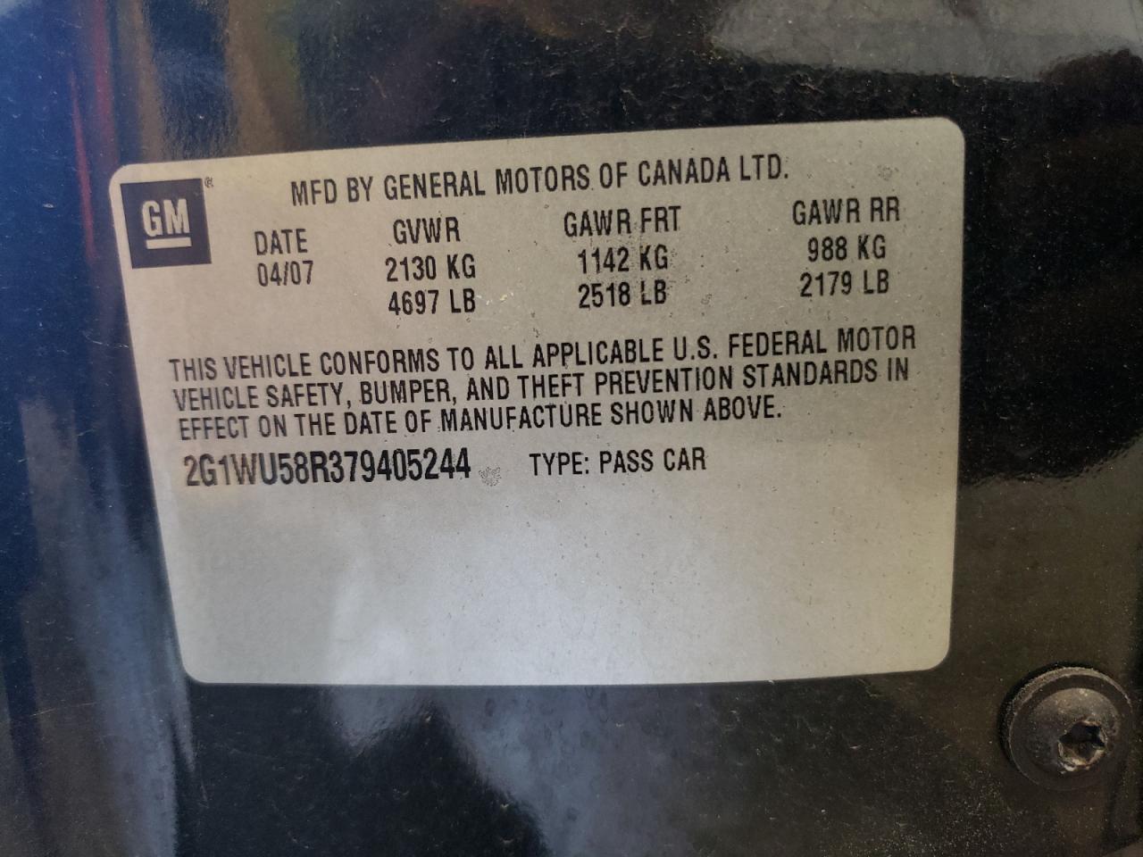 2007 Chevrolet Impala Ltz VIN: 2G1WU58R379405244 Lot: 68014884