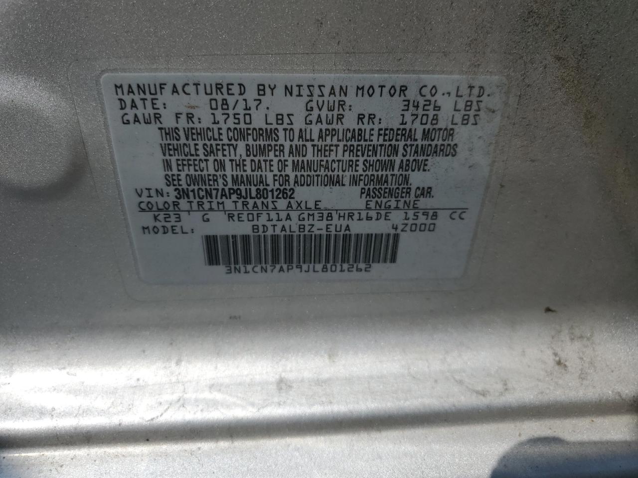 3N1CN7AP9JL801262 2018 Nissan Versa S