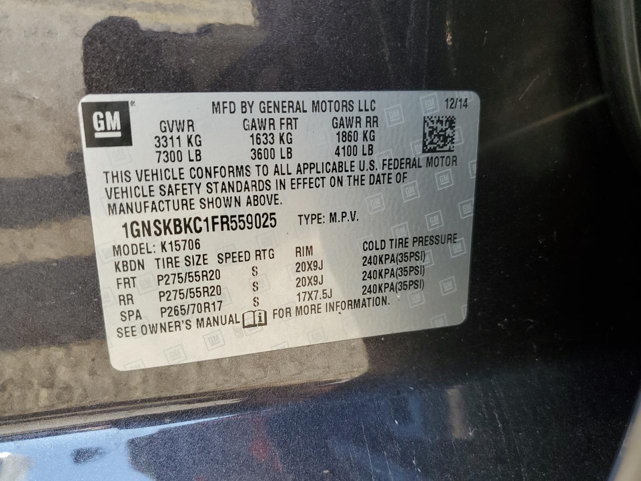 1GNSKBKC1FR559025 2015 CHEVROLET TAHOE - Image 15