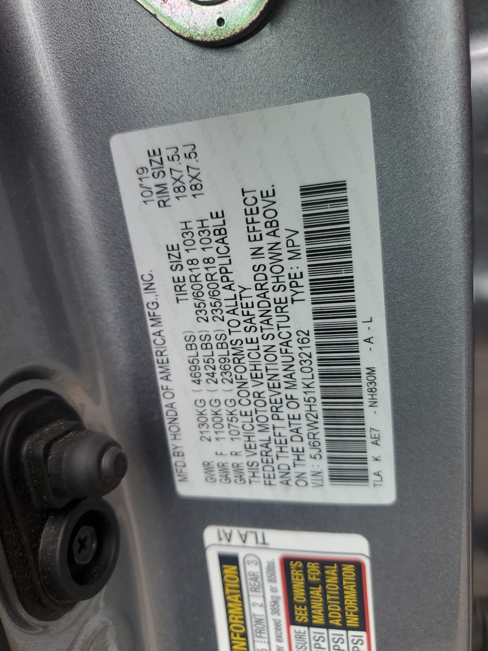 5J6RW2H51KL032162 2019 Honda Cr-V Ex