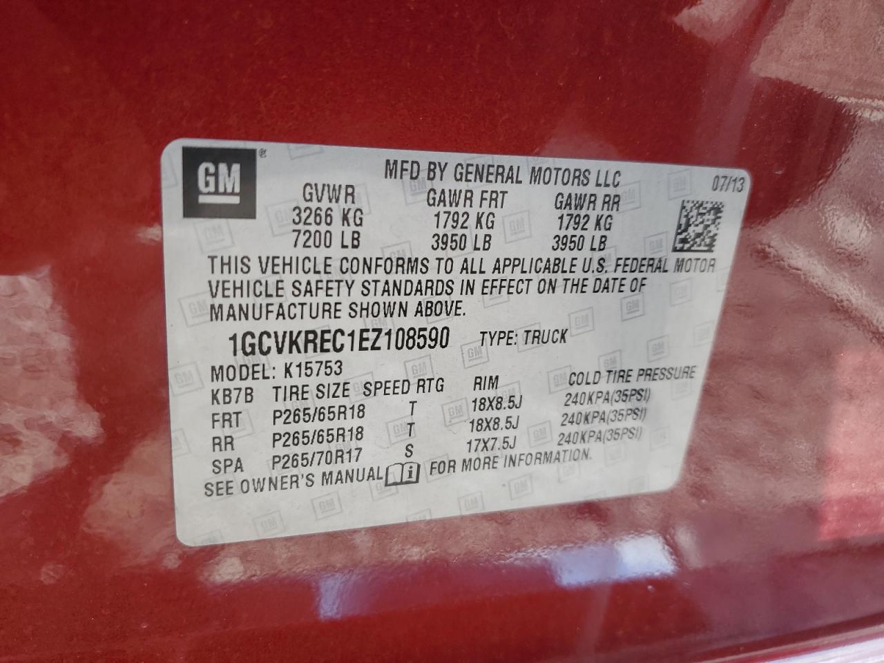 1GCVKREC1EZ108590 2014 Chevrolet Silverado K1500 Lt