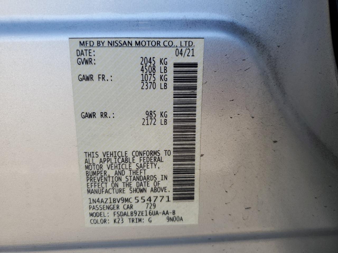 1N4AZ1BV9MC554771 2021 Nissan Leaf S