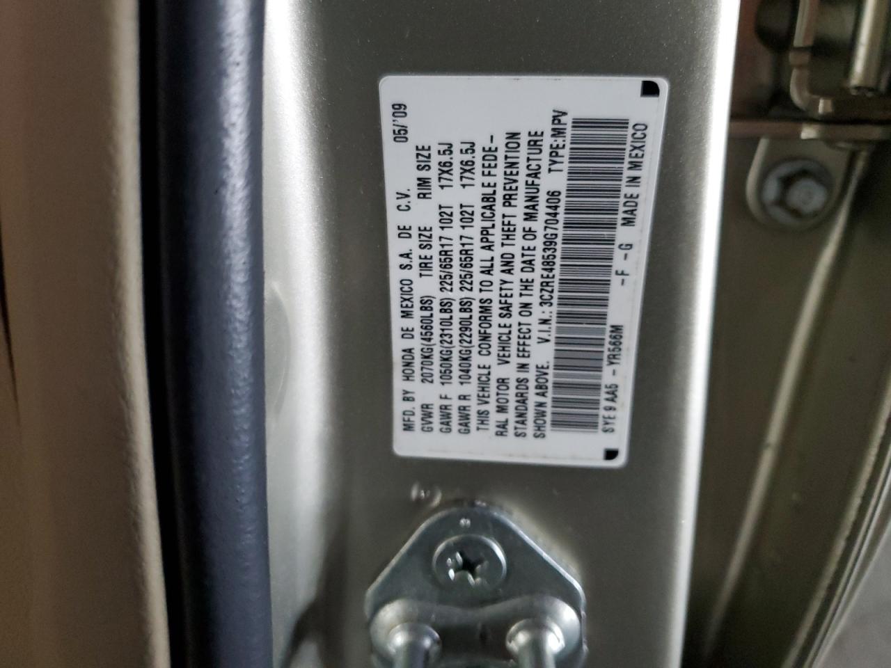 2009 Honda Cr-V Ex VIN: 3CZRE48539G704406 Lot: 65588564