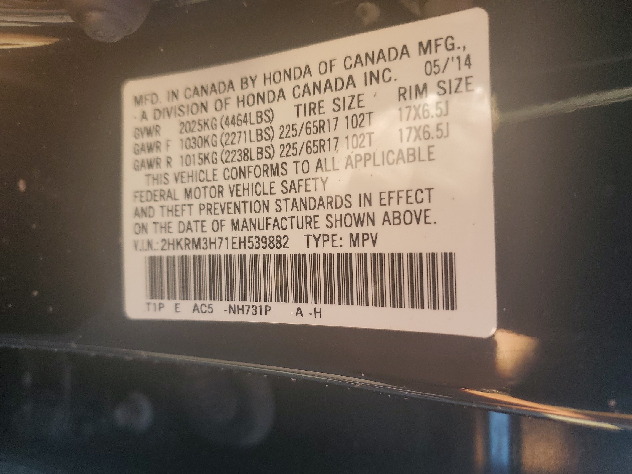 2HKRM3H71EH539882 2014 Honda Cr-V Exl