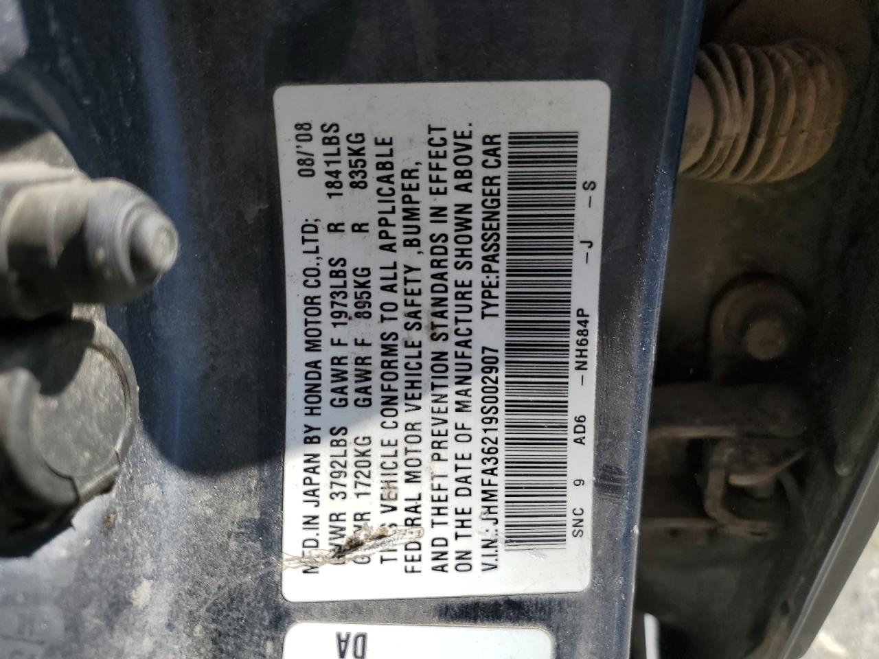 2009 Honda Civic Hybrid VIN: JHMFA36219S002907 Lot: 67960884