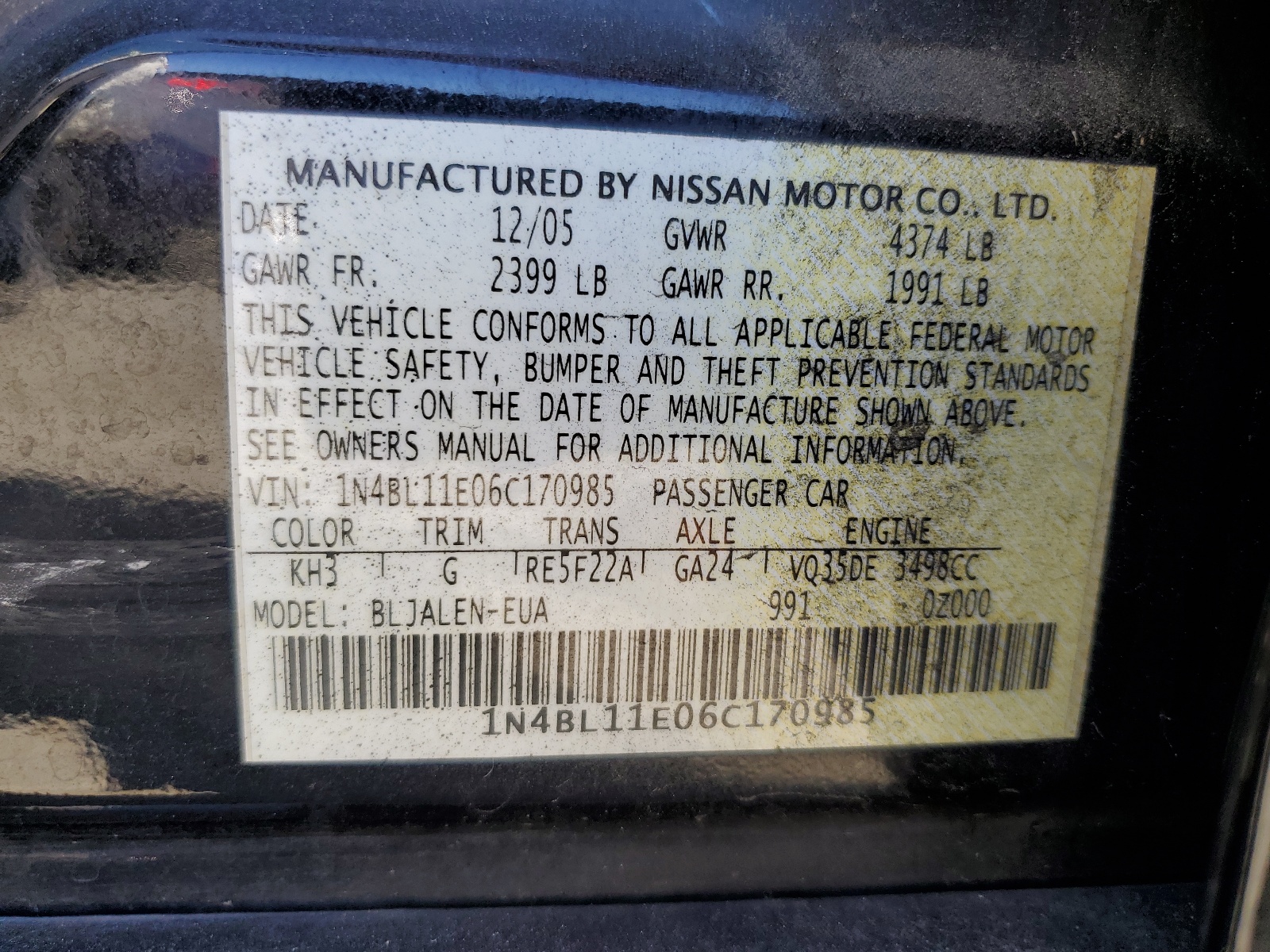 1N4BL11E06C170985 2006 Nissan Altima Se