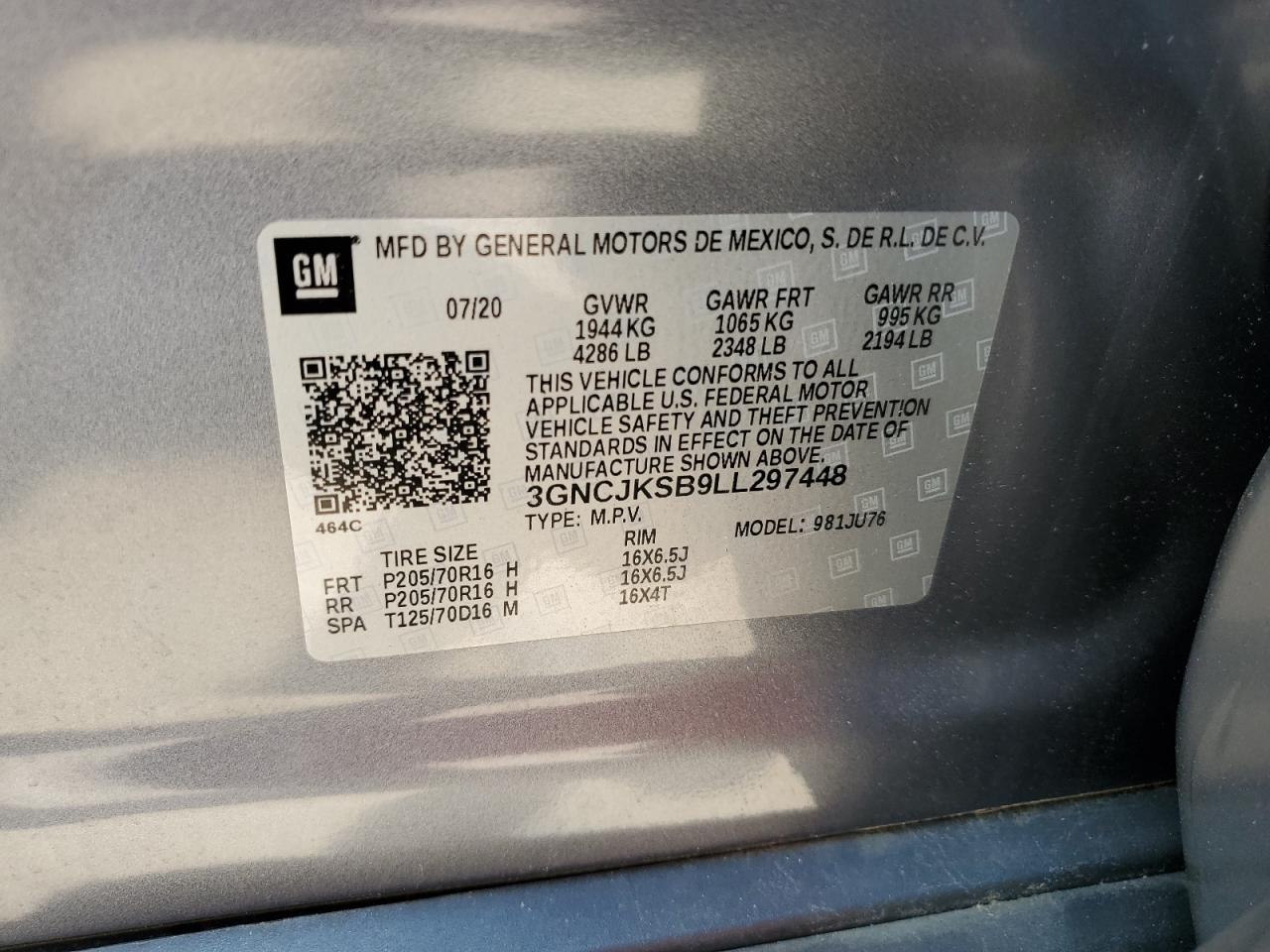 3GNCJKSB9LL297448 2020 Chevrolet Trax Ls