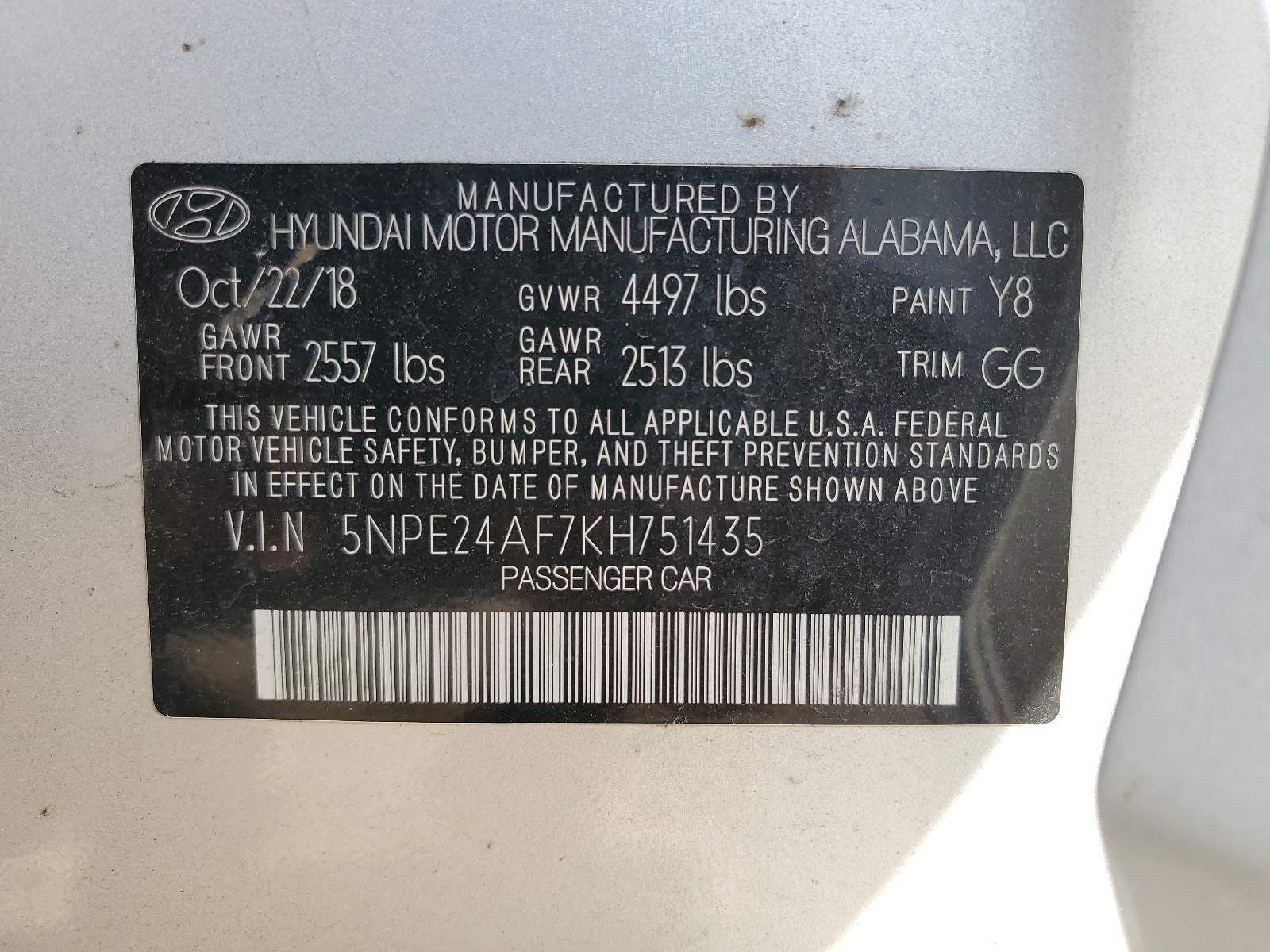 5NPE24AF7KH751435 2019 Hyundai Sonata Se