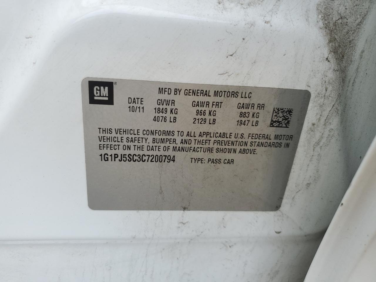 2012 Chevrolet Cruze Eco VIN: 1G1PJ5SC3C7200794 Lot: 65666764