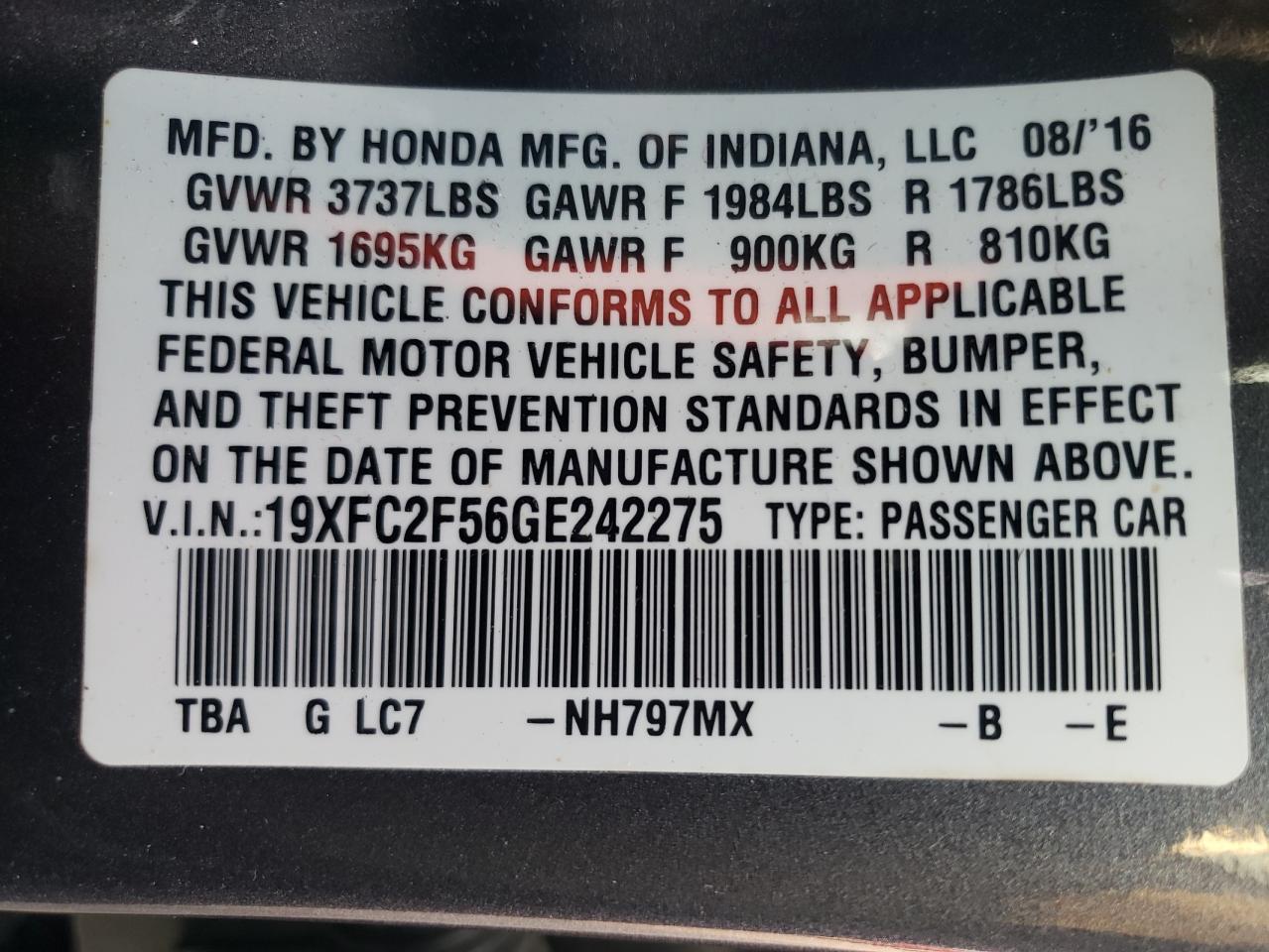 19XFC2F56GE242275 2016 Honda Civic Lx