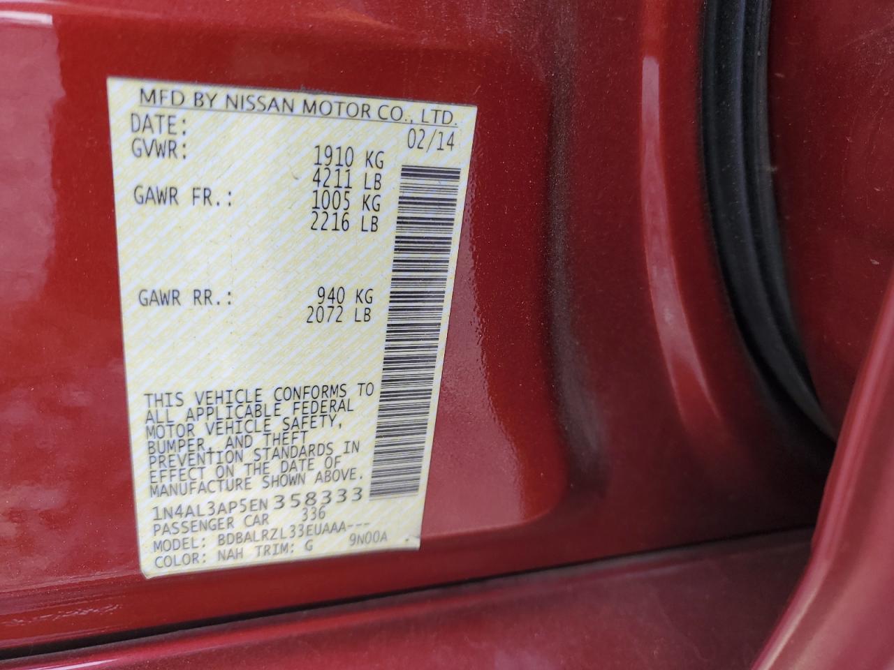 2014 Nissan Altima 2.5 VIN: 1N4AL3AP5EN358333 Lot: 67565464