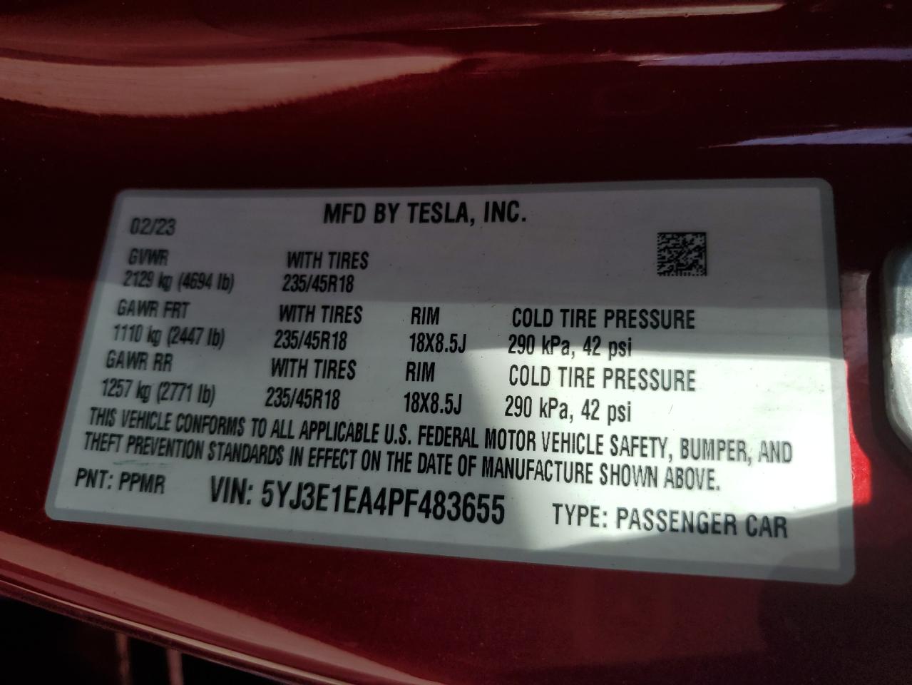 5YJ3E1EA4PF483655 2023 Tesla Model 3