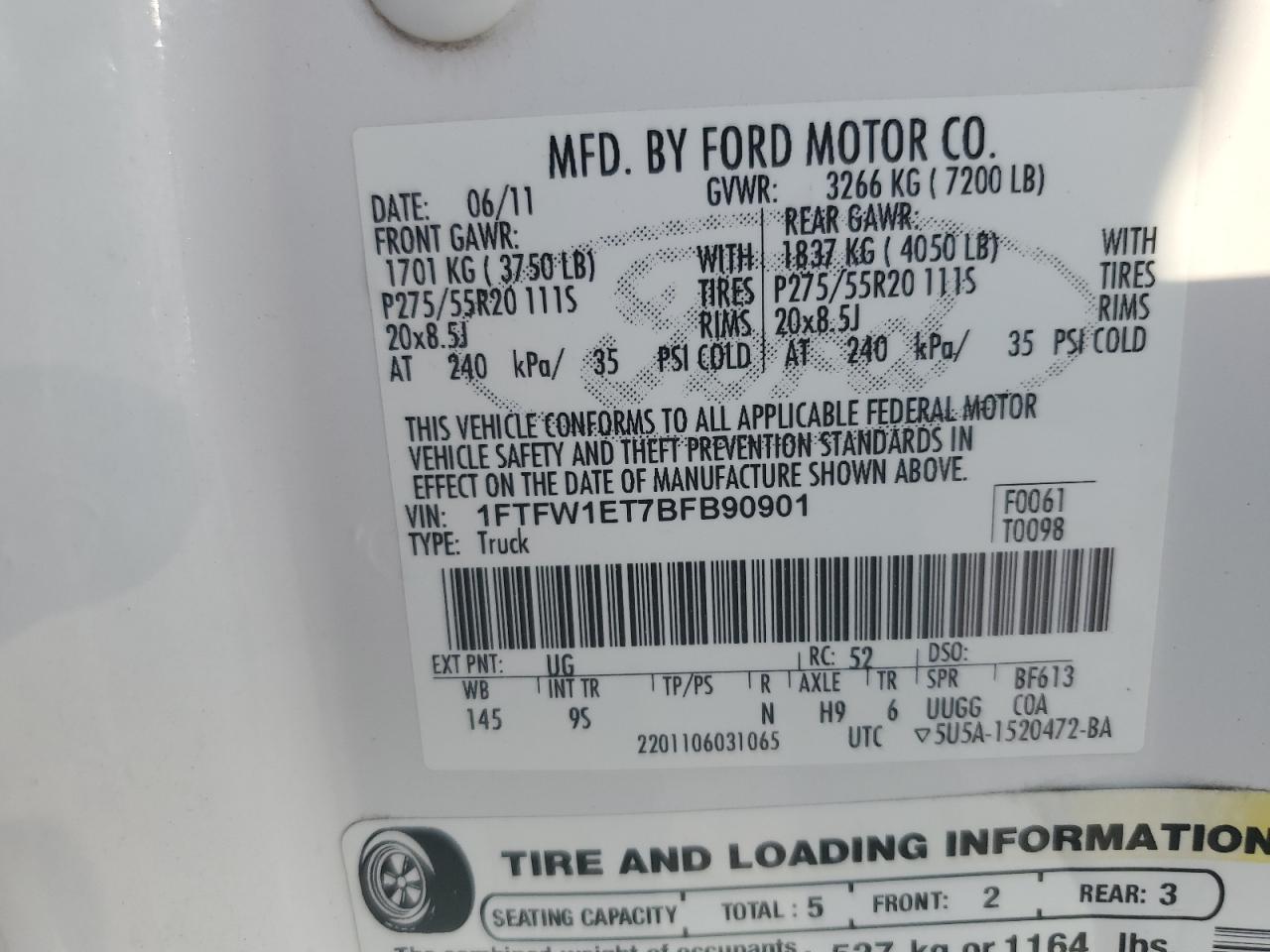 1FTFW1ET7BFB90901 2011 Ford F150 Supercrew