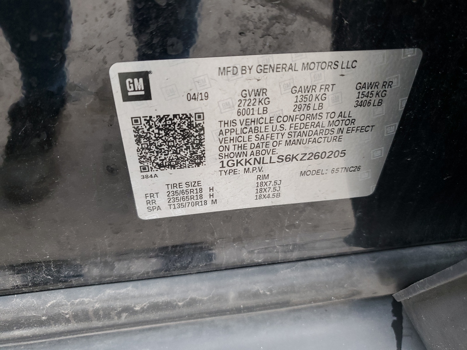 1GKKNLLS6KZ260205 2019 GMC Acadia Sle