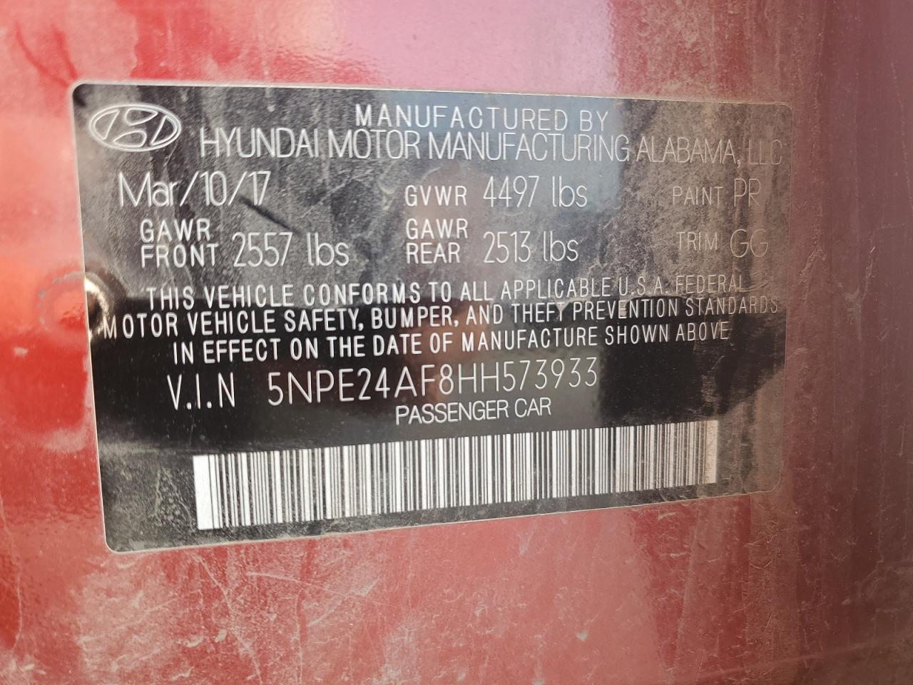 5NPE24AF8HH573933 2017 Hyundai Sonata Se