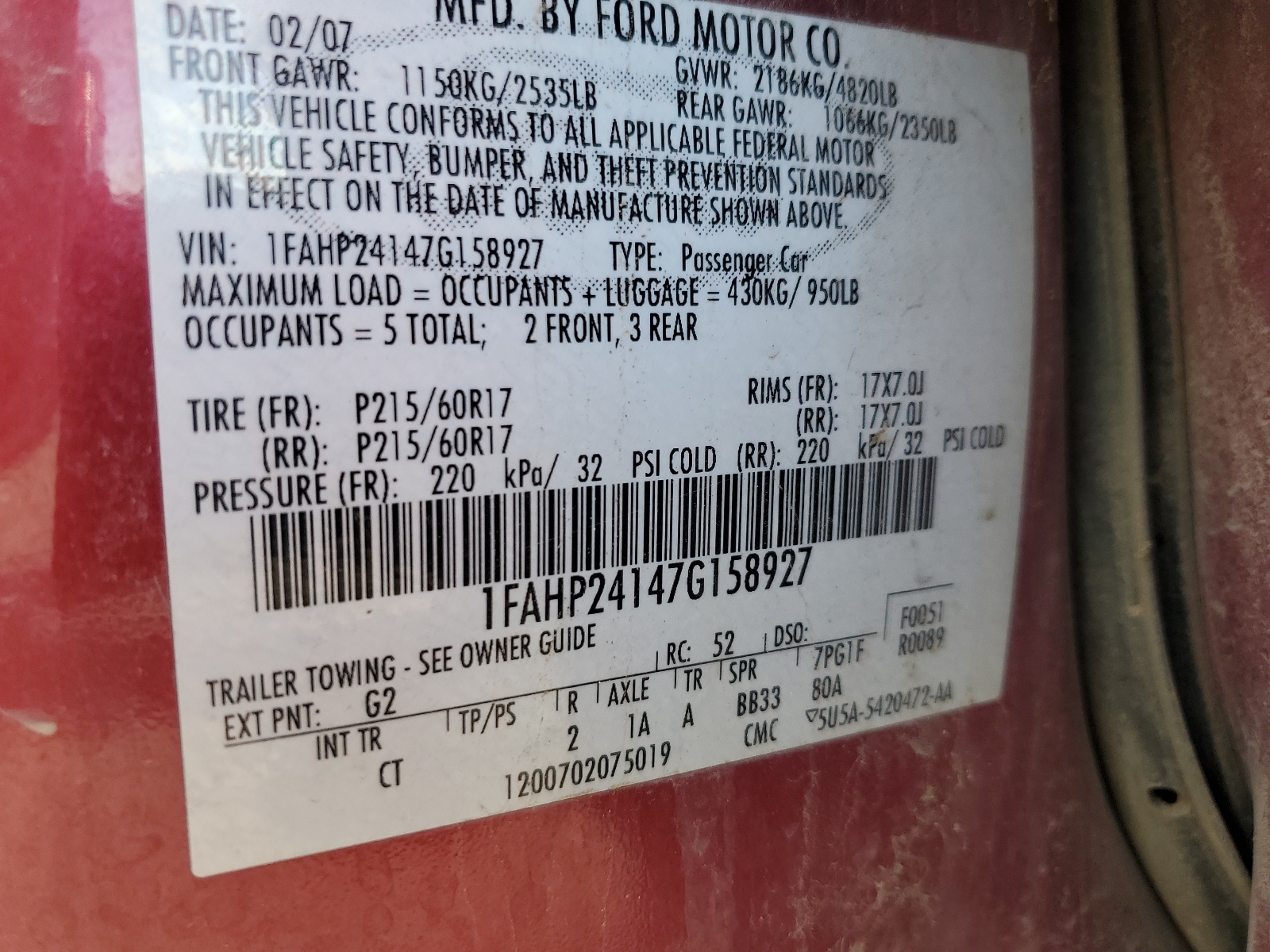 1FAHP24147G158927 2007 Ford Five Hundred Sel