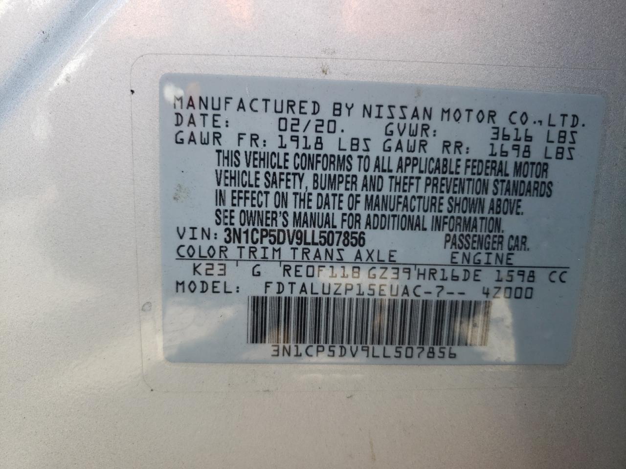 2020 Nissan Kicks Sr VIN: 3N1CP5DV9LL507856 Lot: 66966324