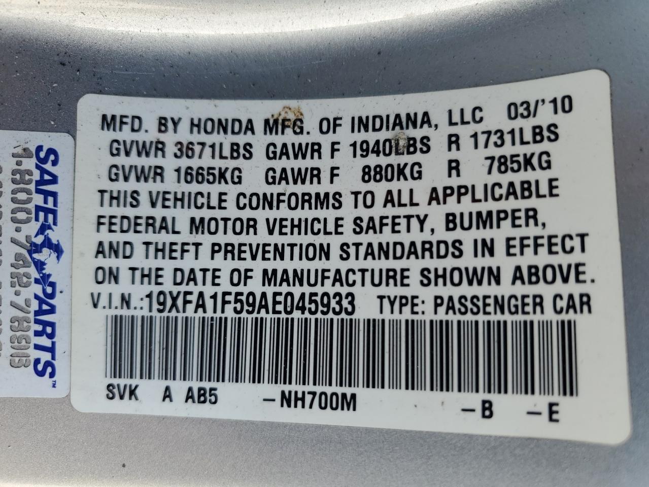 2010 Honda Civic Lx VIN: 19XFA1F59AE045933 Lot: 67694094
