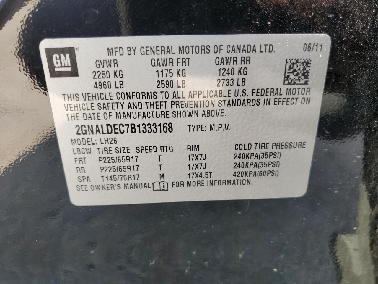 2GNALDEC7B1333168 2011 Chevrolet Equinox Lt