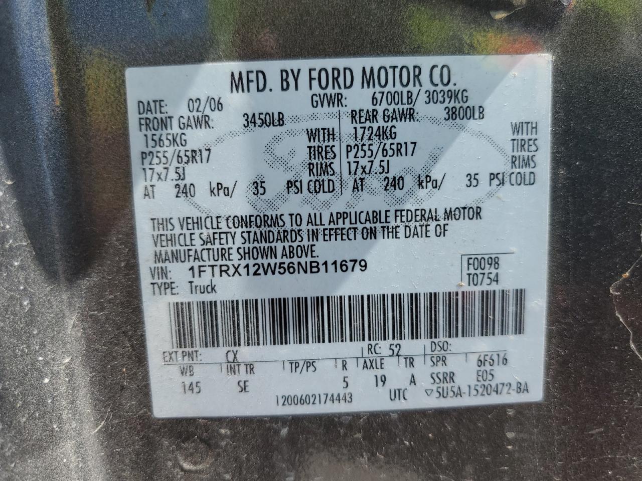 2006 Ford F150 VIN: 1FTRX12W56NB11679 Lot: 67083994