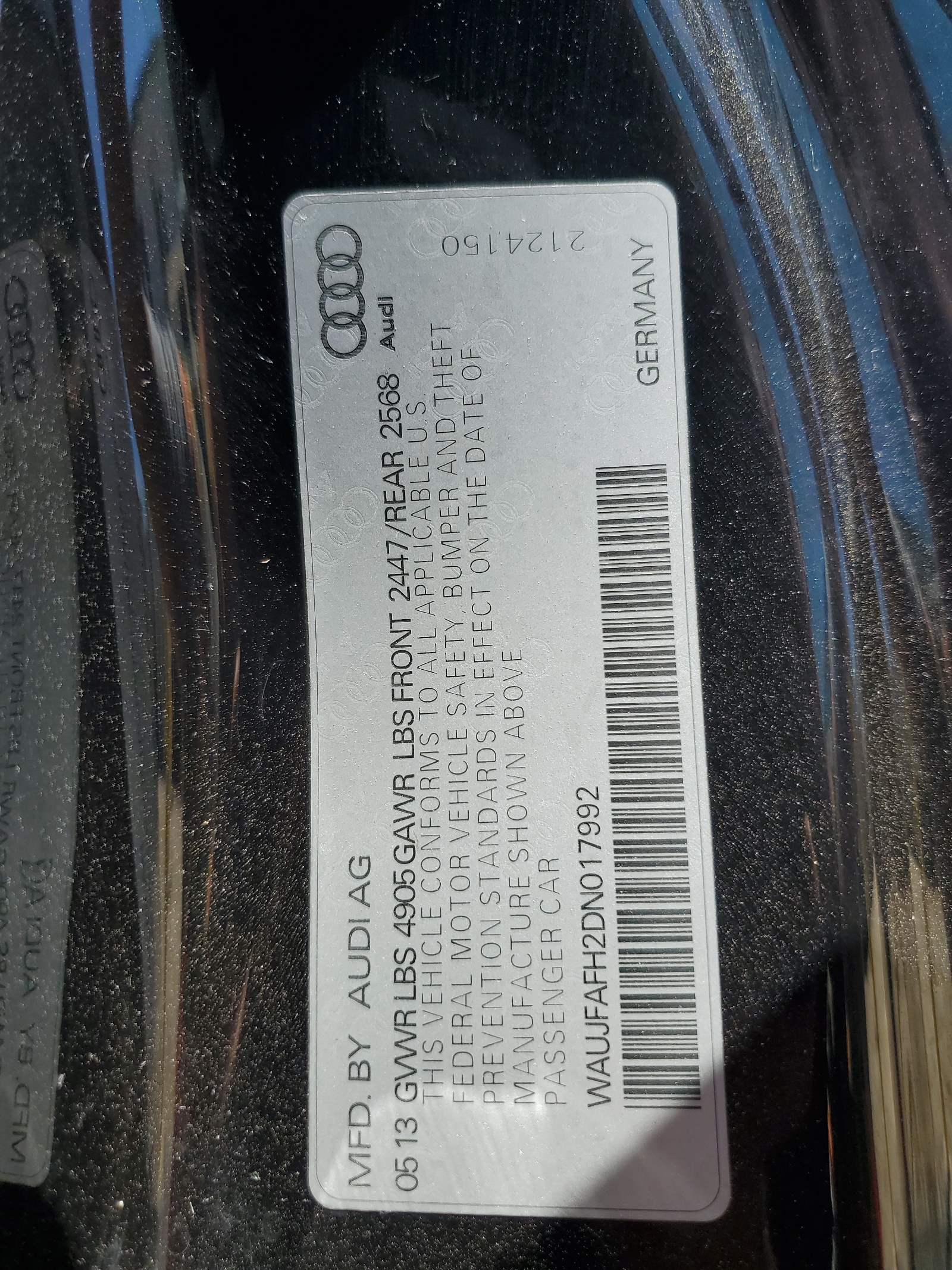 WAUJFAFH2D017992 2013 Audi A5 Premium