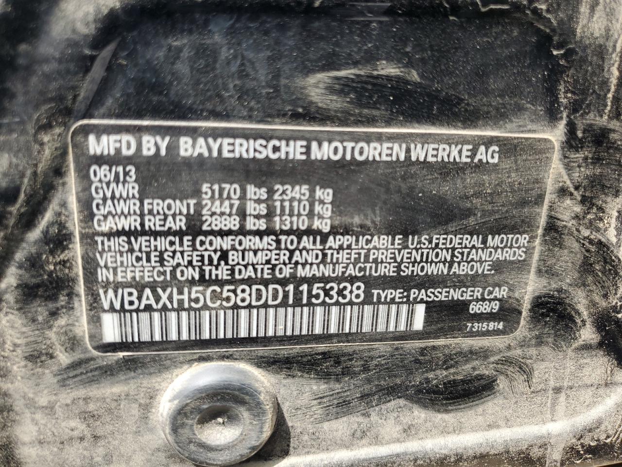 2013 BMW 528 Xi VIN: WBAXH5C58DD115338 Lot: 67335344