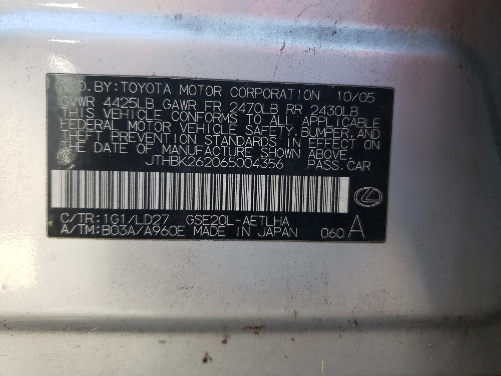 JTHBK262065004356 2006 Lexus Is 250