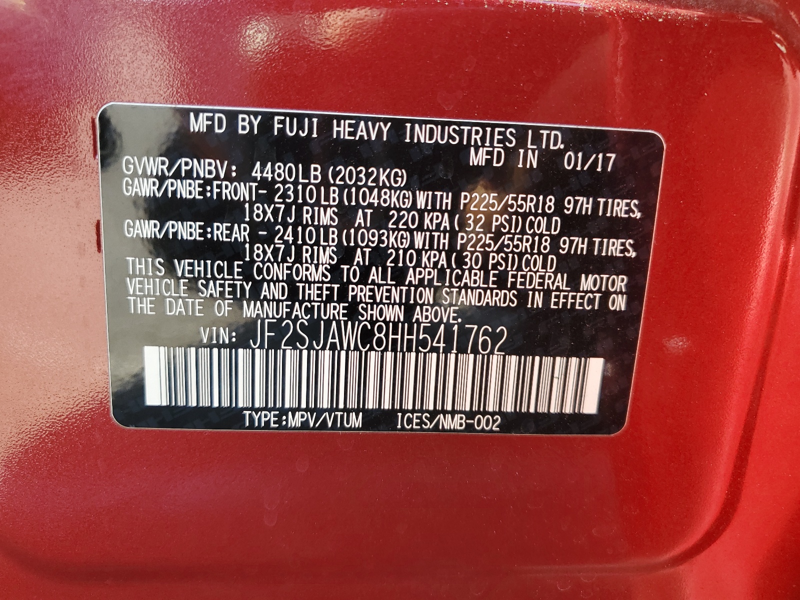 JF2SJAWC8HH541762 2017 Subaru Forester 2.5I Touring