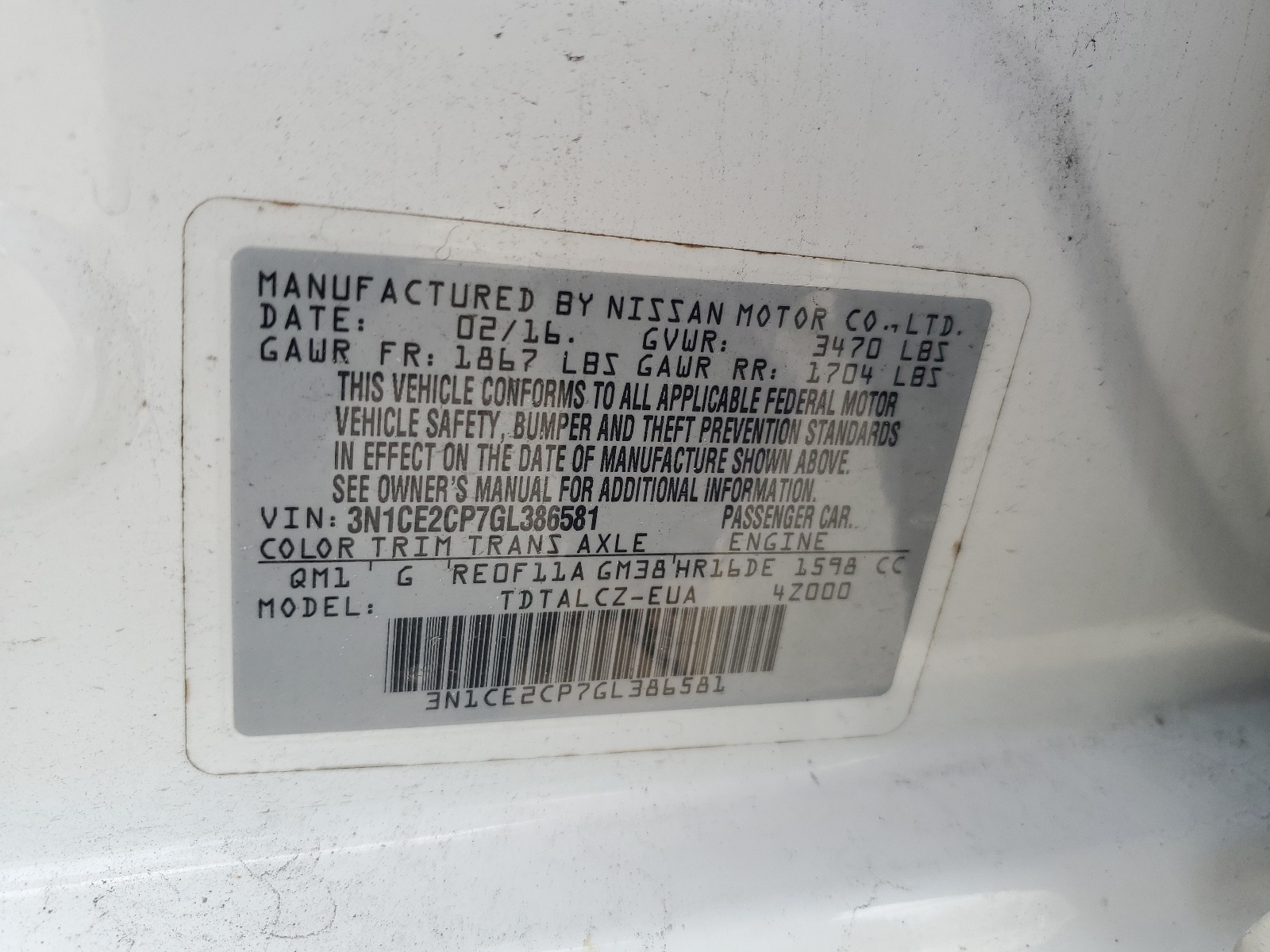 3N1CE2CP7GL386581 2016 Nissan Versa Note S