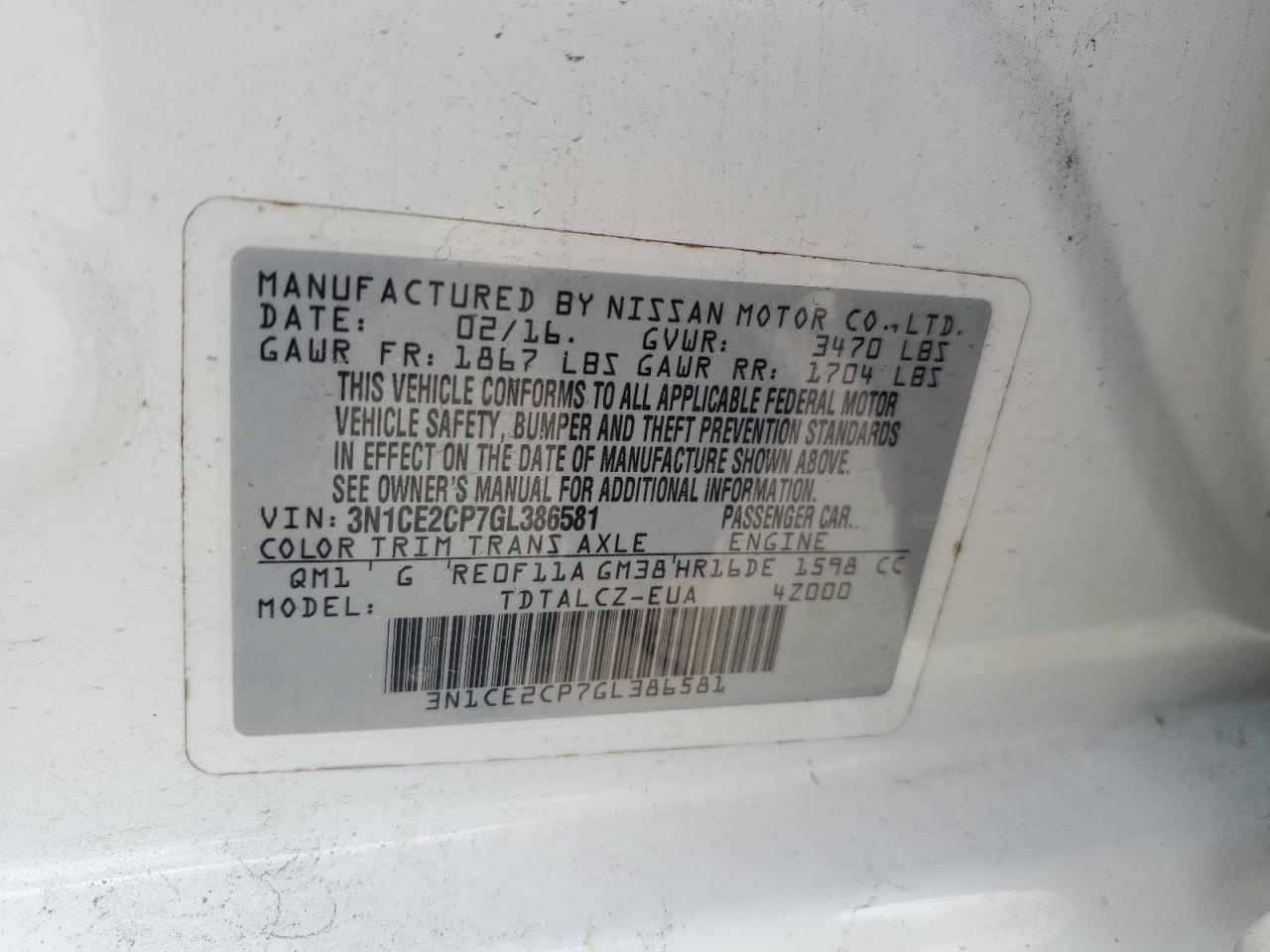 2016 Nissan Versa Note S VIN: 3N1CE2CP7GL386581 Lot: 66716384