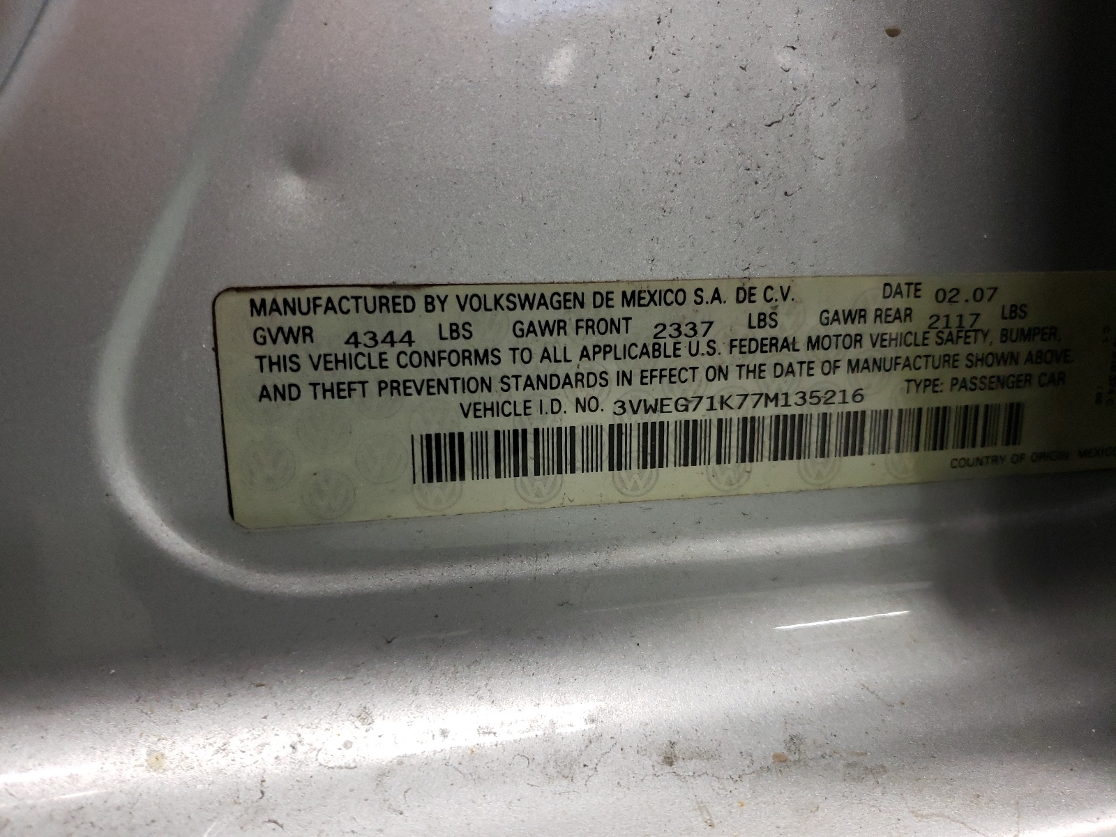3VWEG71K77M135216 2007 Volkswagen Jetta Wolfsburg