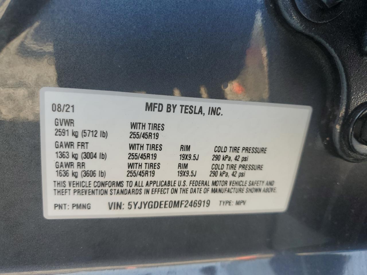 2021 Tesla Model Y VIN: 5YJYGDEE0MF246919 Lot: 68787984