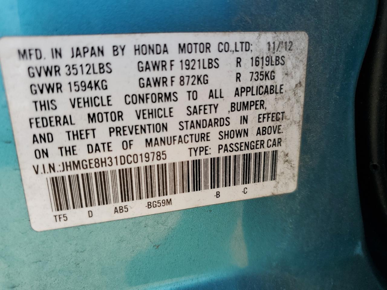 JHMGE8H31DC019785 2013 Honda Fit