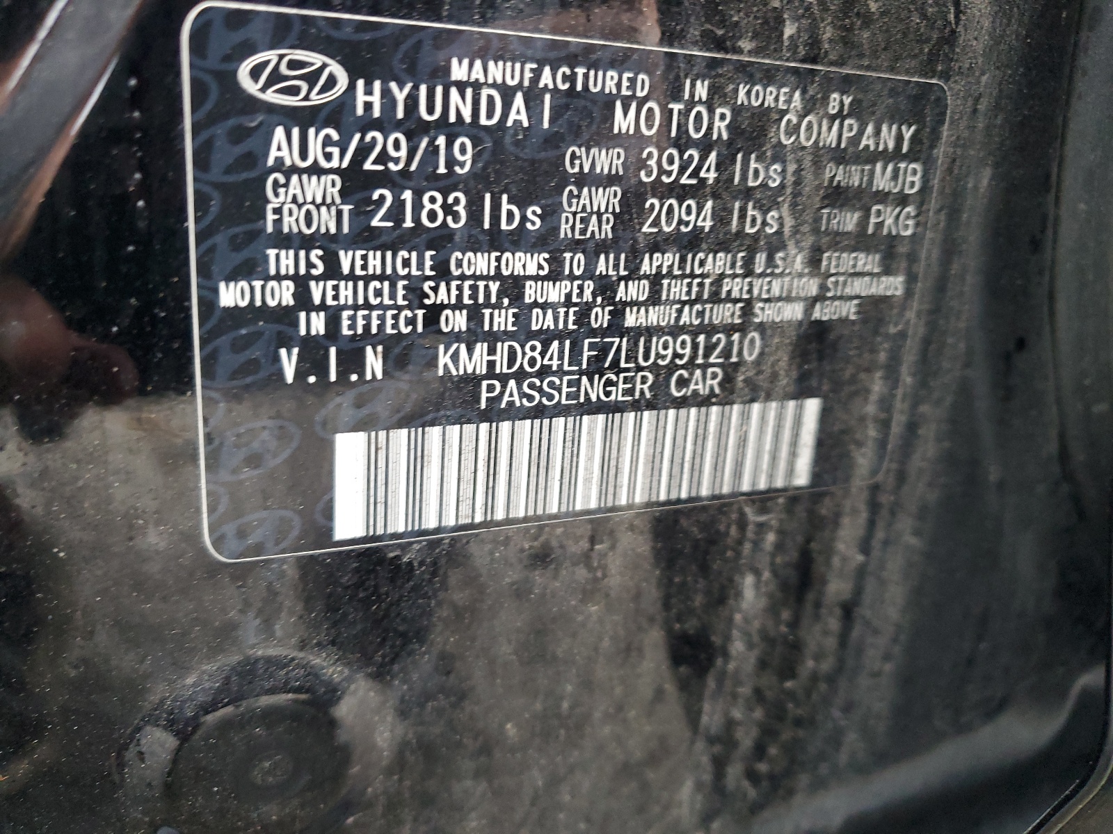 KMHD84LF7LU991210 2020 Hyundai Elantra Sel