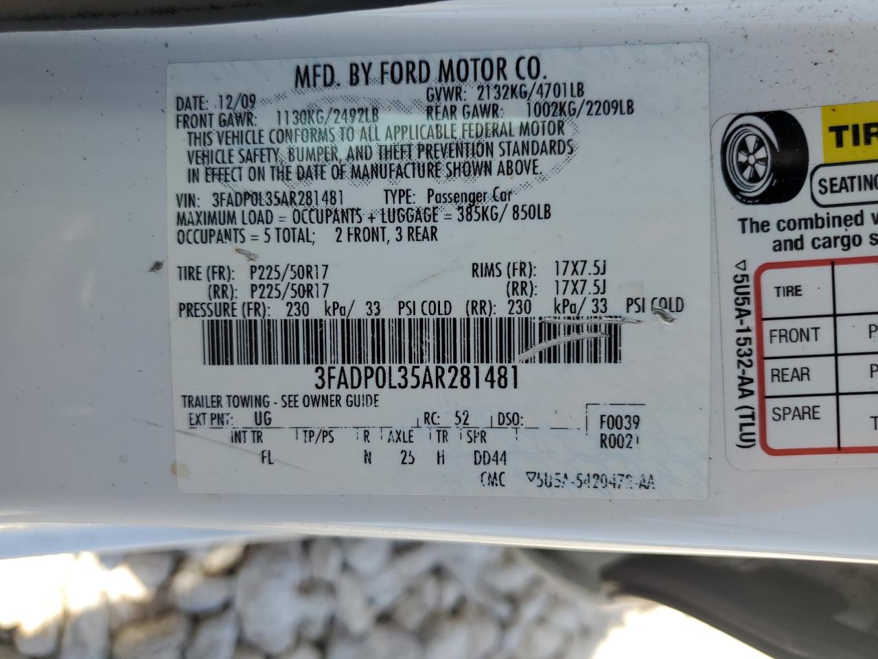 2010 Ford Fusion Hybrid VIN: 3FADP0L35AR281481 Lot: 65778904