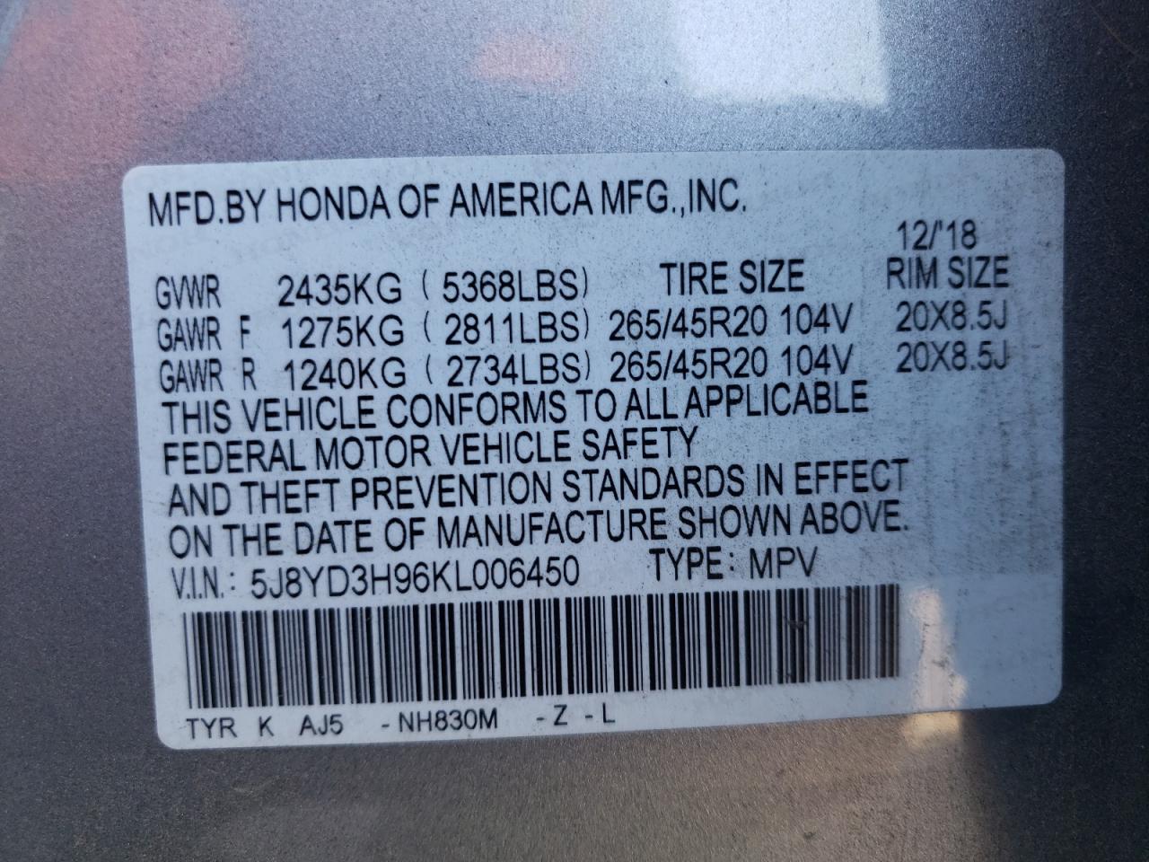 5J8YD3H96KL006450 2019 Acura Mdx Advance