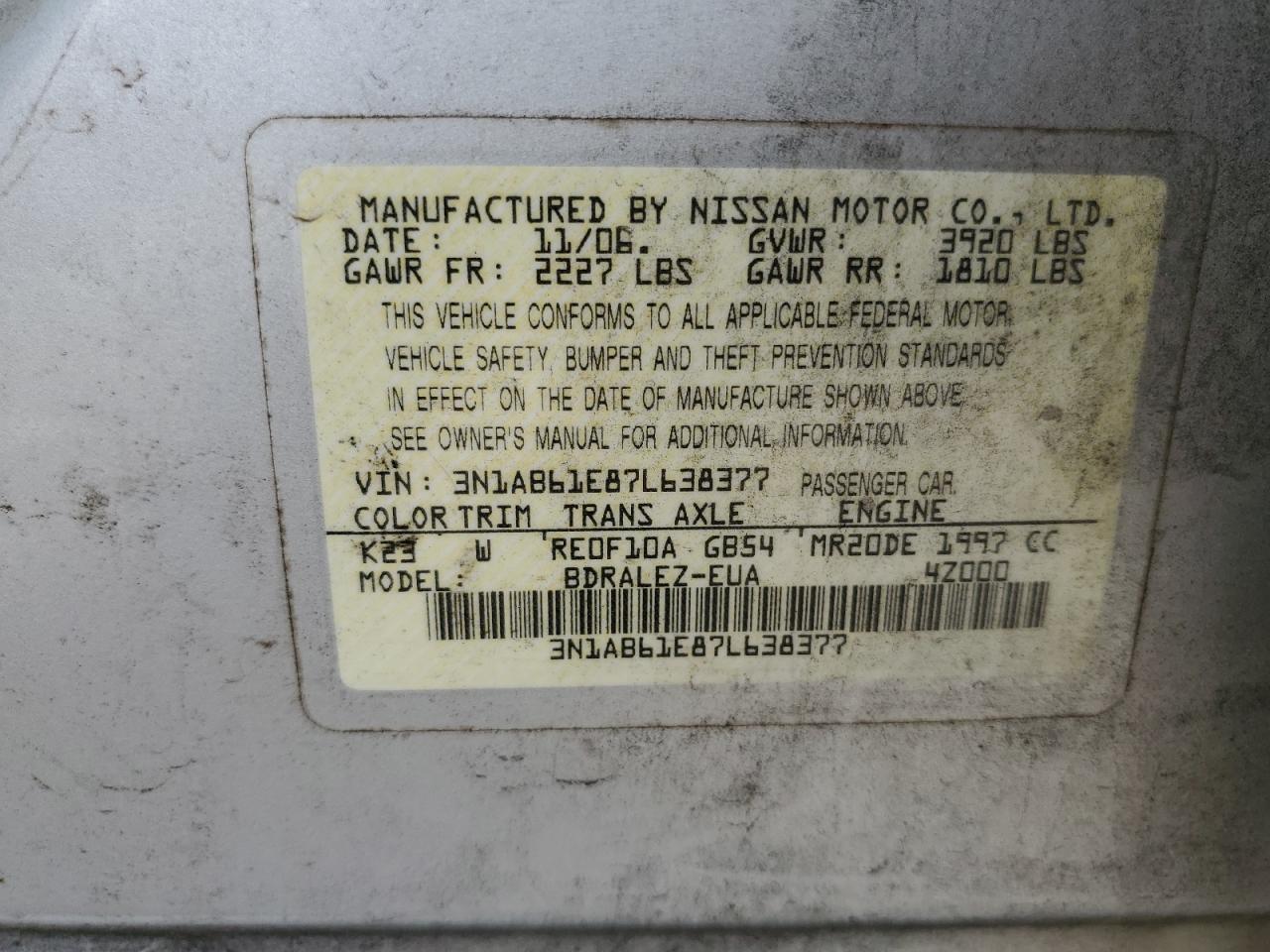 2007 Nissan Sentra 2.0 VIN: 3N1AB61E87L638377 Lot: 66890694