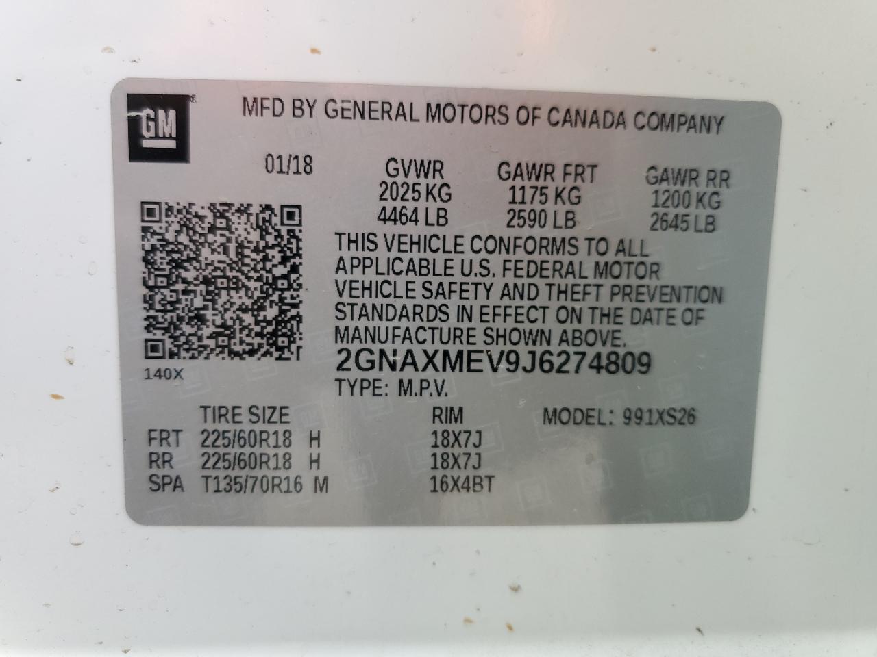 2GNAXMEV9J6274809 2018 Chevrolet Equinox Premier