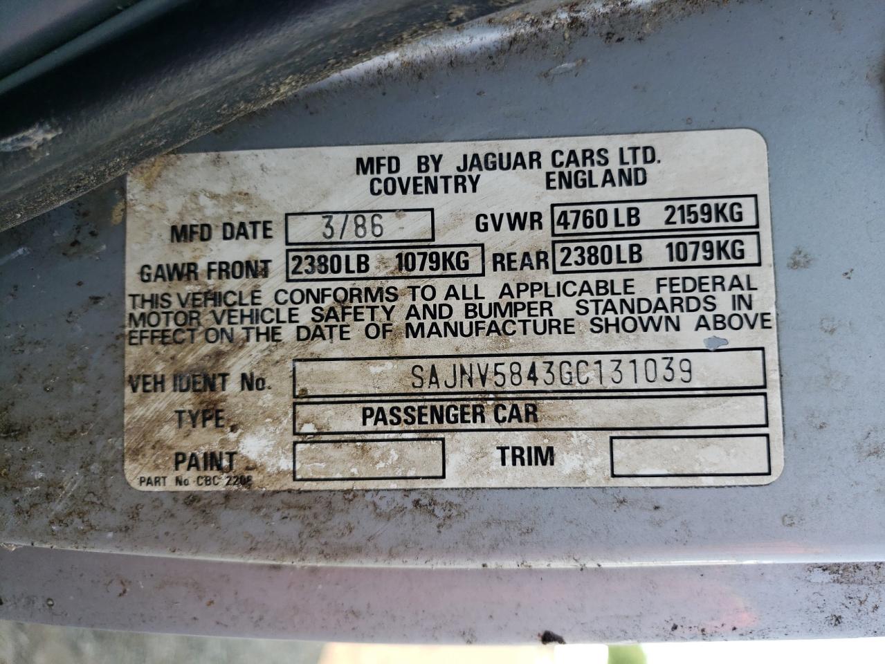 1986 Jaguar Xjs VIN: SAJNV5843GC131039 Lot: 67091114