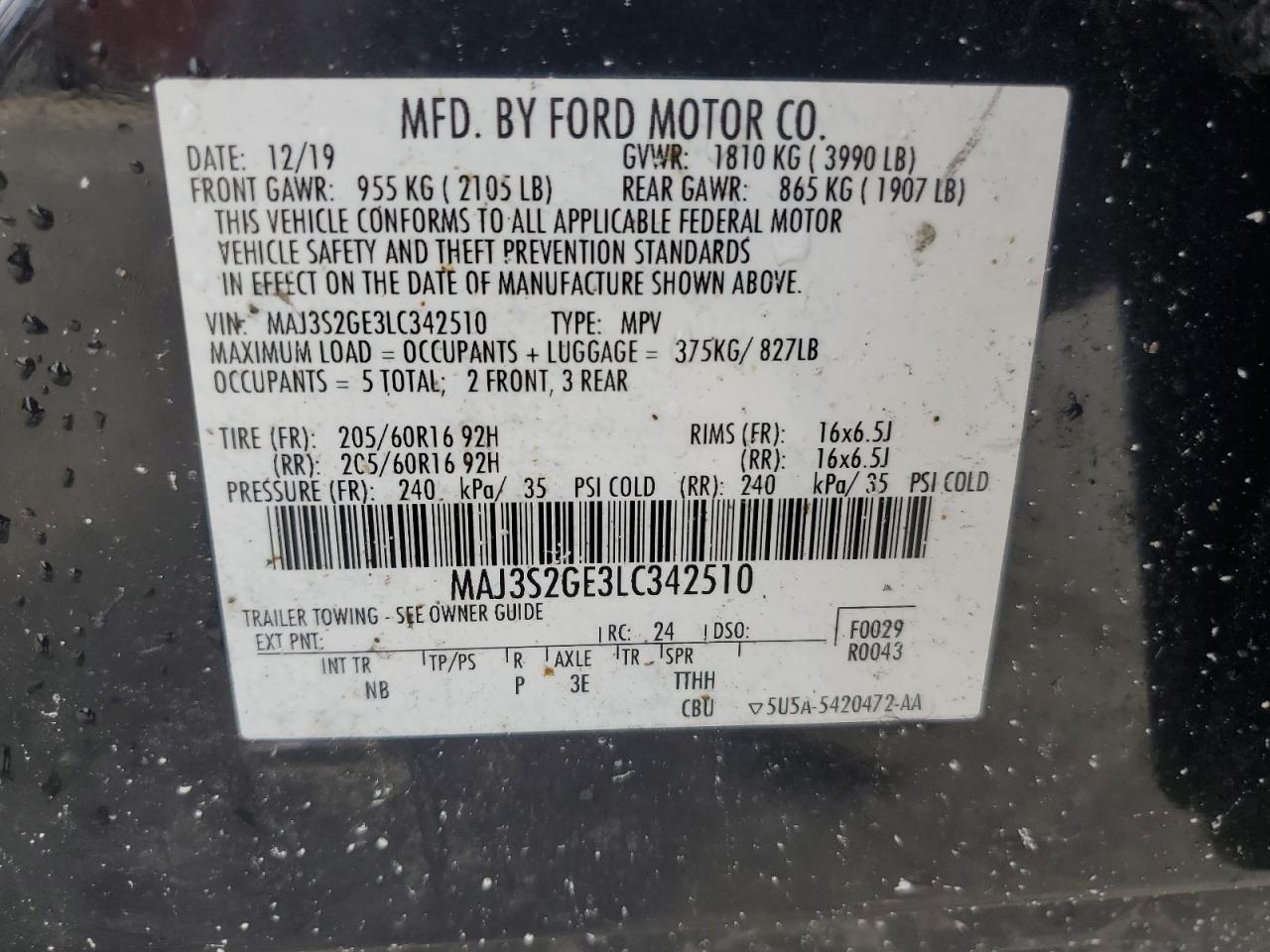 MAJ3S2GE3LC342510 2020 Ford Ecosport Se