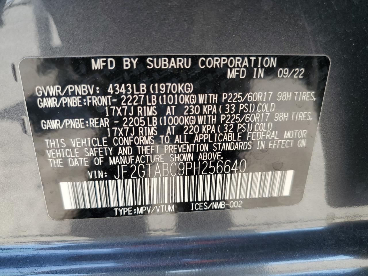 2023 Subaru Crosstrek VIN: JF2GTABC9PH256640 Lot: 69070314