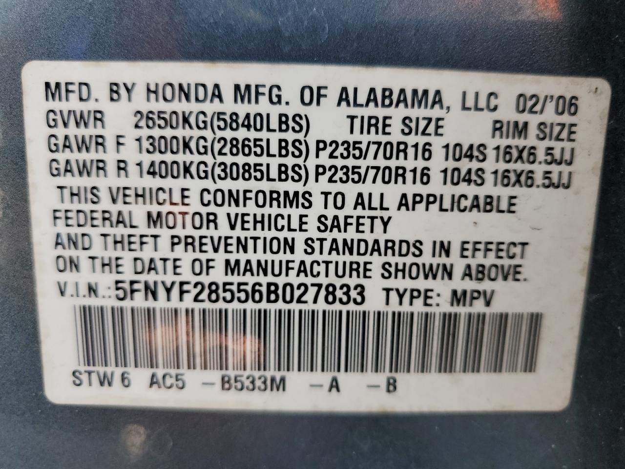 2006 Honda Pilot Ex VIN: 5FNYF28556B027833 Lot: 67447954