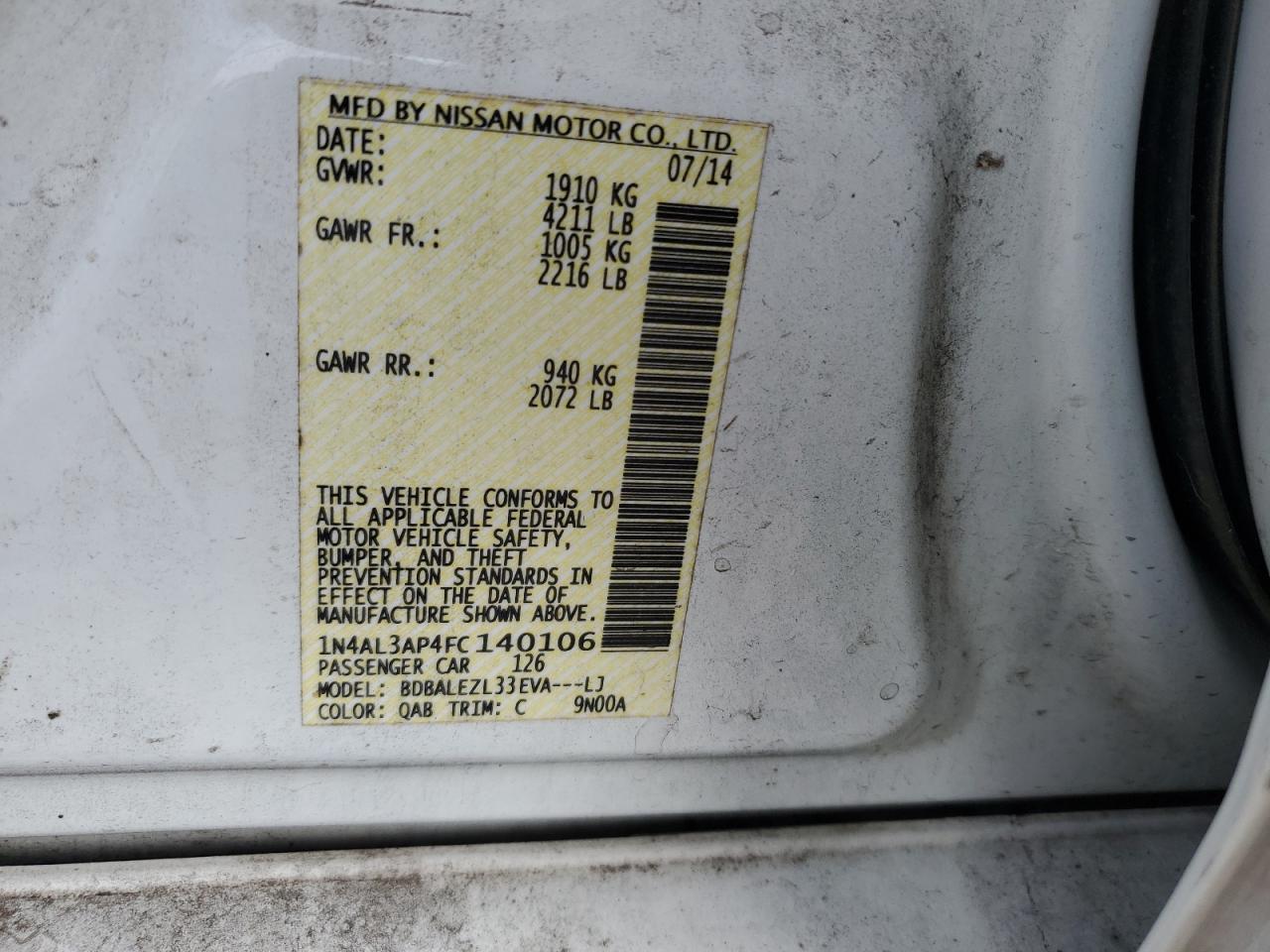 1N4AL3AP4FC140106 2015 Nissan Altima 2.5