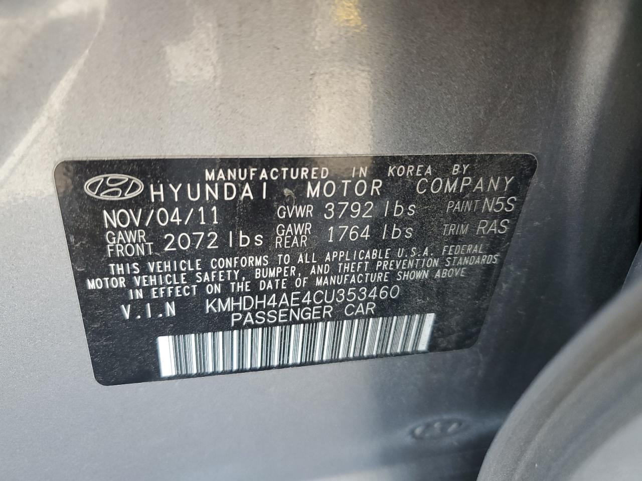 2012 Hyundai Elantra Gls VIN: KMHDH4AE4CU353460 Lot: 67044984